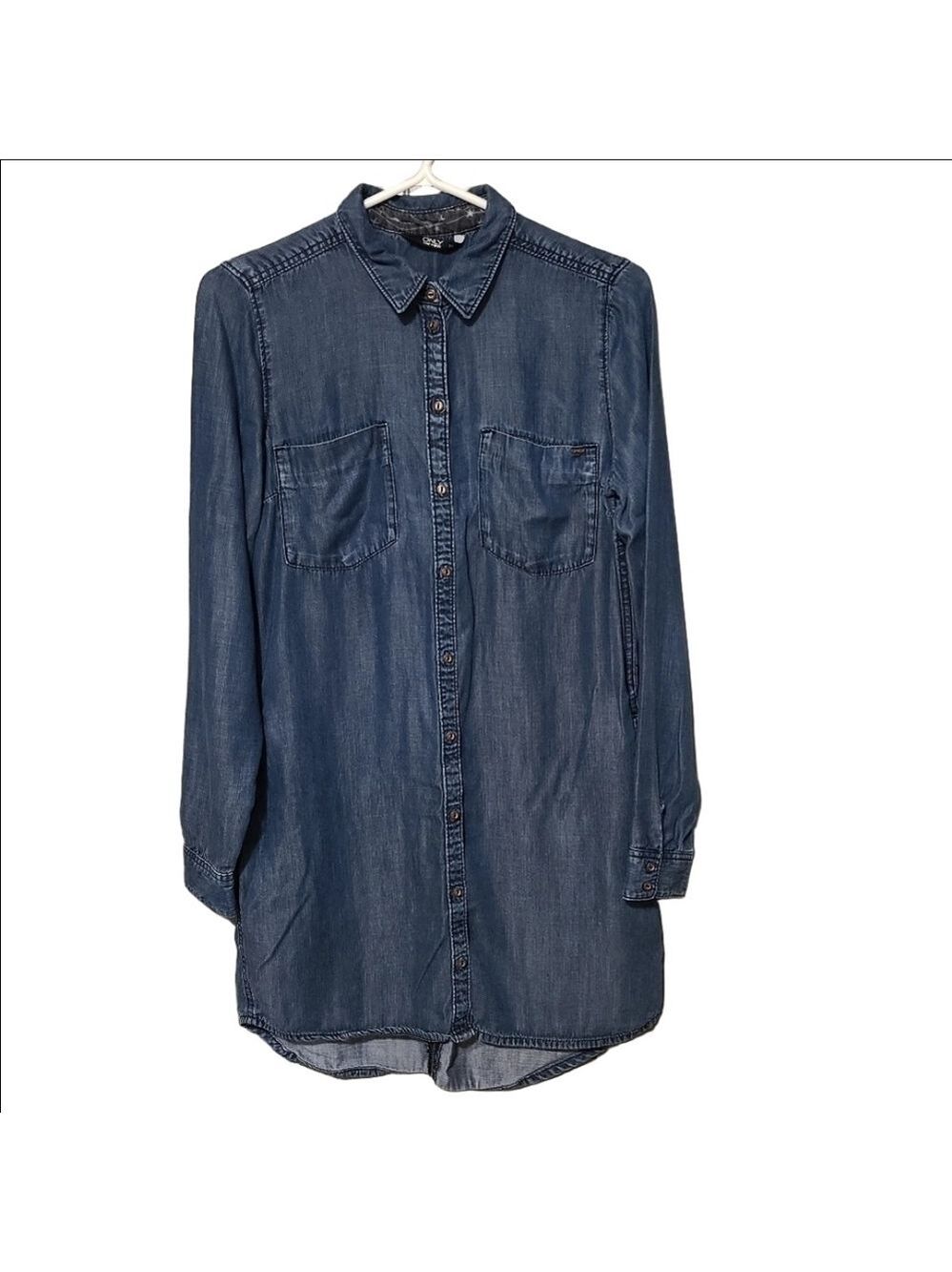 Only Denim Shirt Dress Button Front Dark Blue Wash Long Sleeves Pockets Size 36